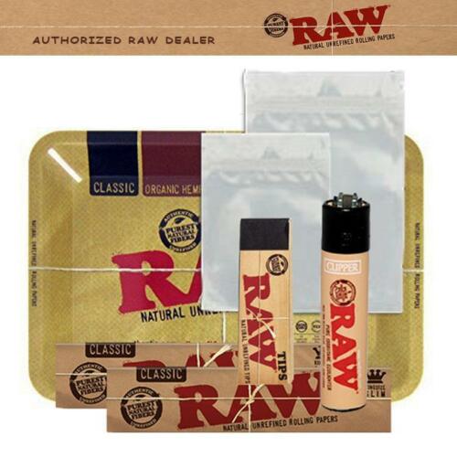 AUTHENTIC RAW COMBO KING SIZE PAPERS + TRAY + TIPS + SMELL PROOF BAGS + LIGHTER