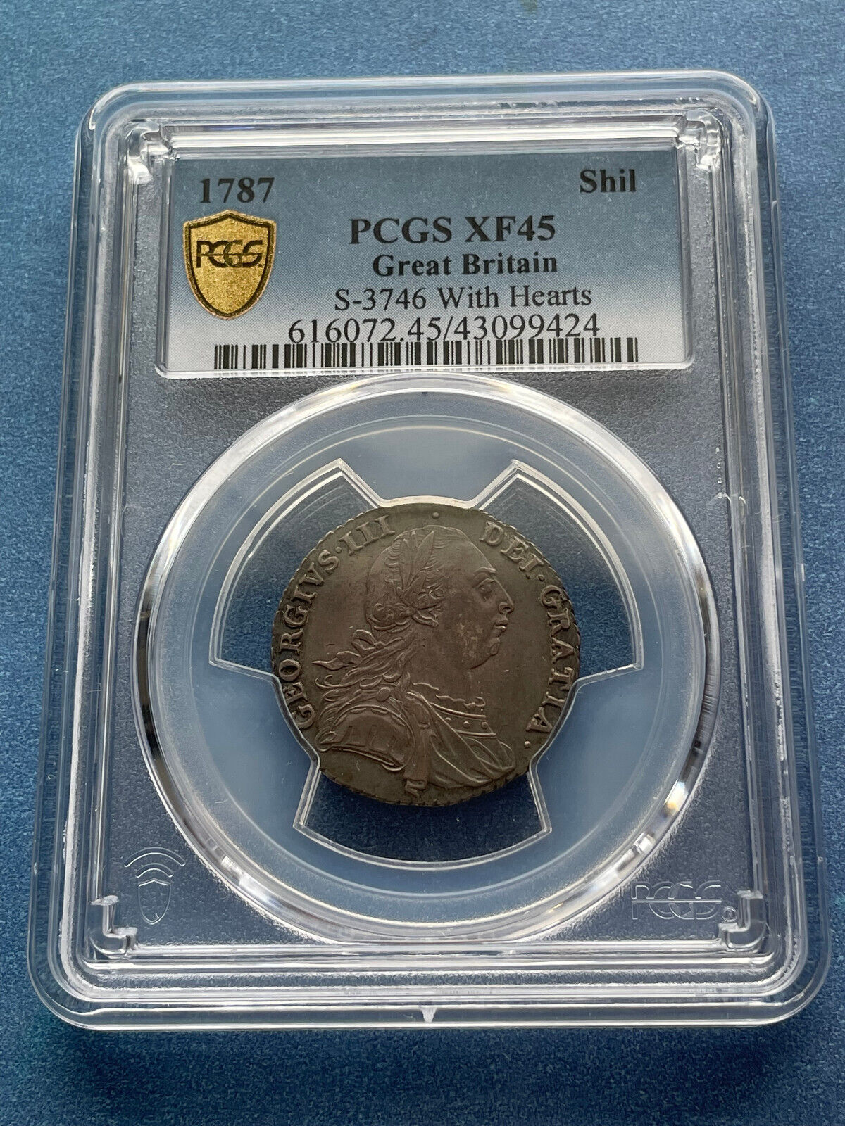 Great Britain. George Iii. 1787 Ar Shilling. Pcgs Xf45.  Scbc-3746 With Hearts