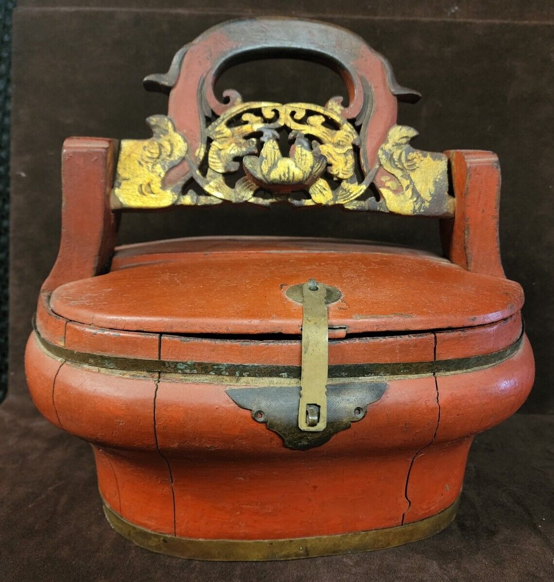 Antique Chinese Red Carved Wood Wedding Basket