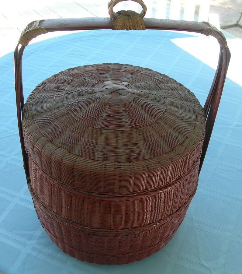 Vintage 3 Tier Chinese Wedding Basket - Woven Reed and Rattan - Dark Stain