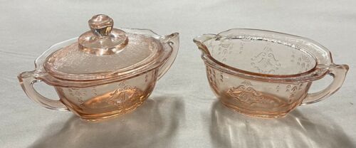 Vintage  Pink Depression Glass Sugar With Lid And Creamer