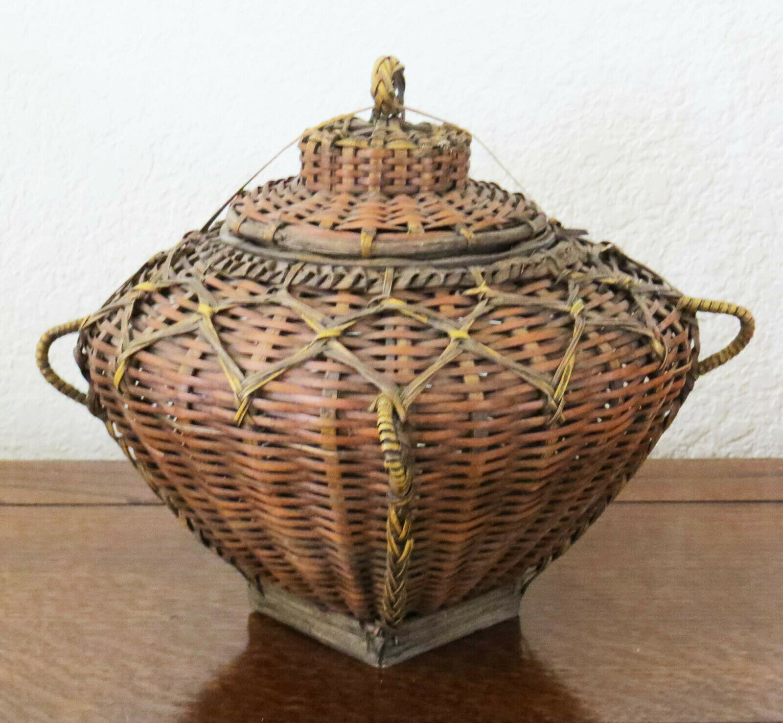 Vtg Asian Hand-Woven Bamboo-Willow & Wood Snake Charmer Basket w Lid  8