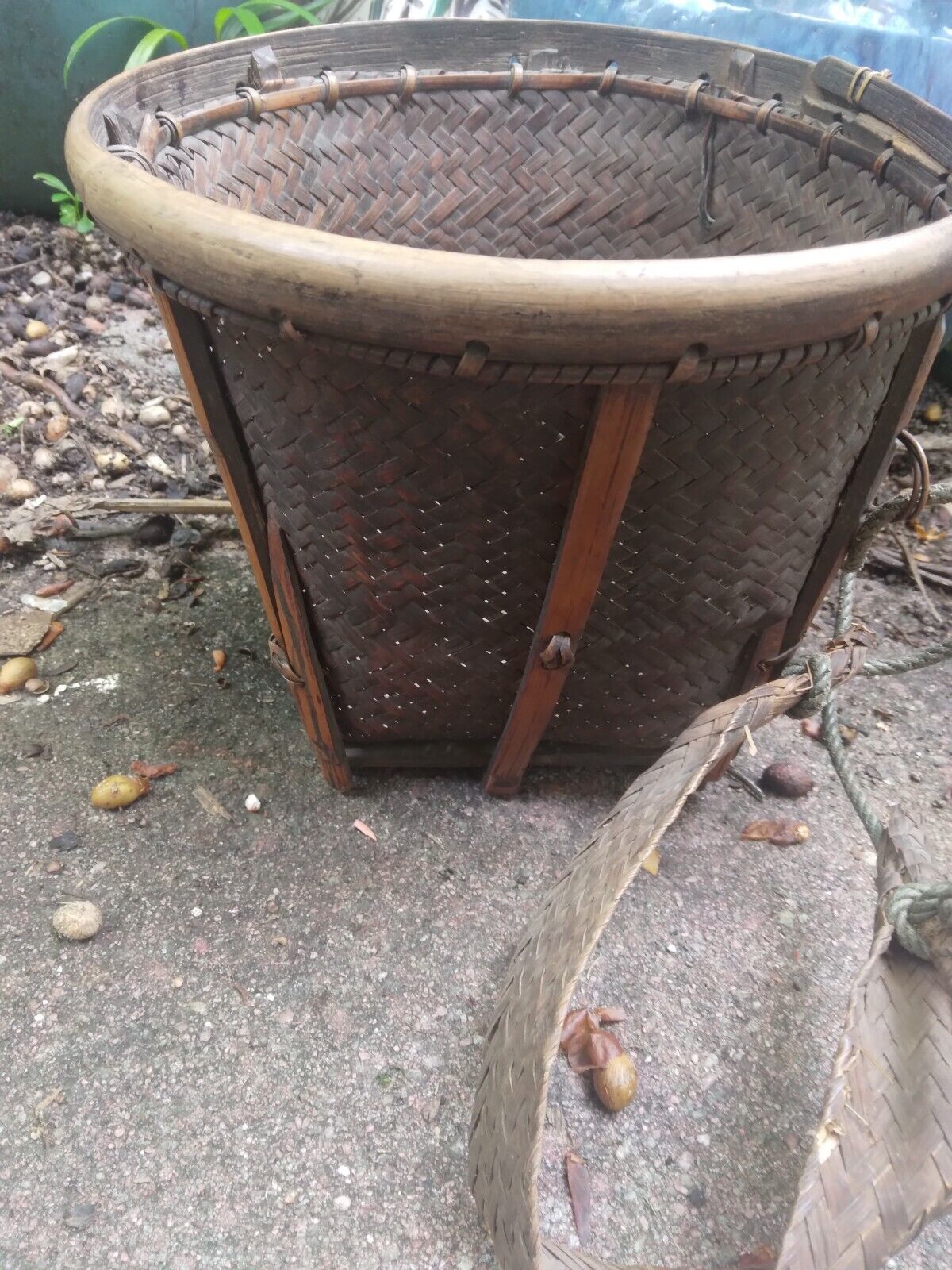 Antique  Asian Hand-Woven Hanging Wall  Basket-Split Reed