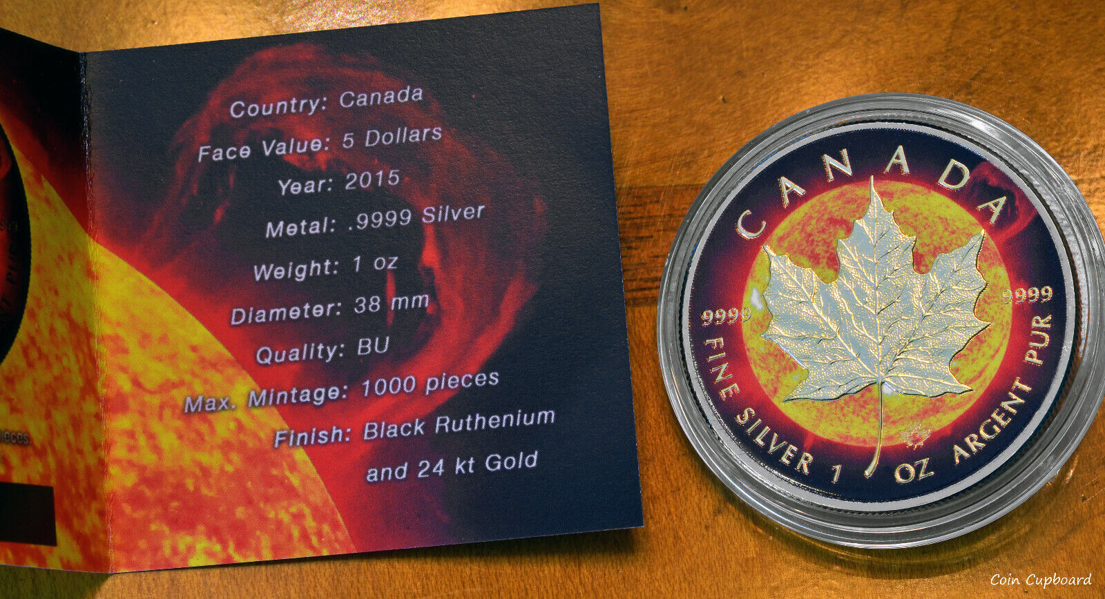 2015 - Can $5 - "solar Flare" 1oz .9999 Silver Coin W/ Gold & Ruthenium Plating.