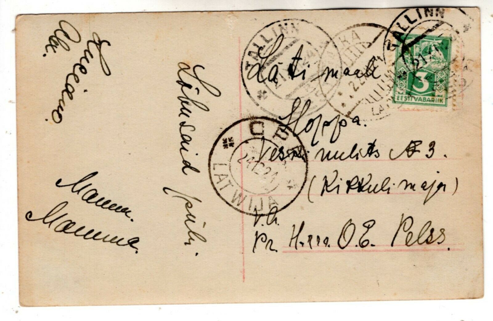 1921 Tallinn Valka  Ope Latwija Latvia Vintage Estonia Estonian Postcard W Stamp