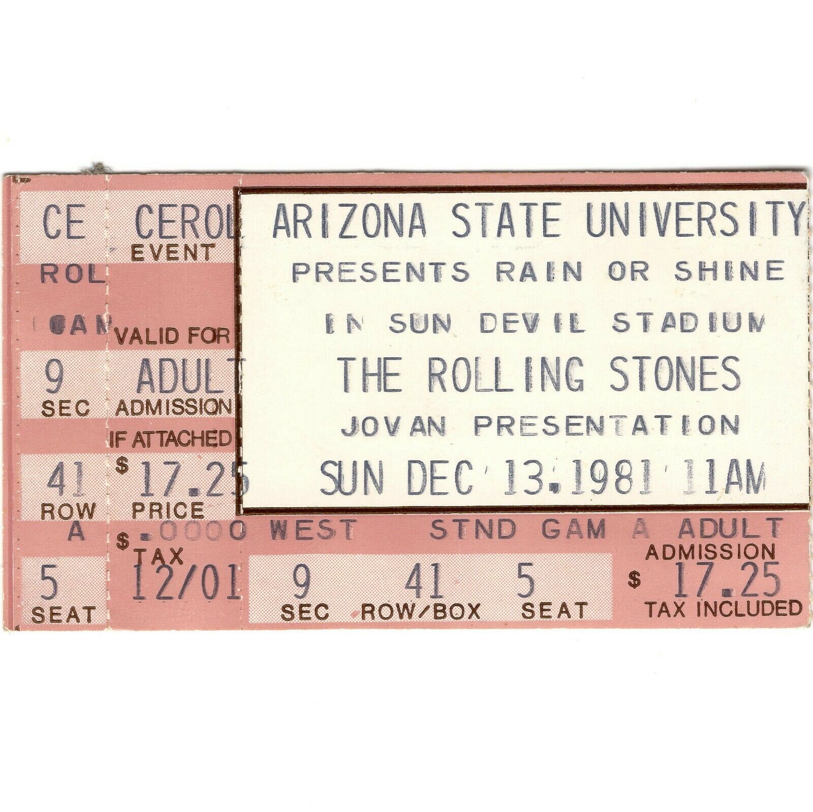THE ROLLING STONES Concert Ticket Stub TEMPE AZ 12/13/81 SUN DEVIL TATTOO YOU