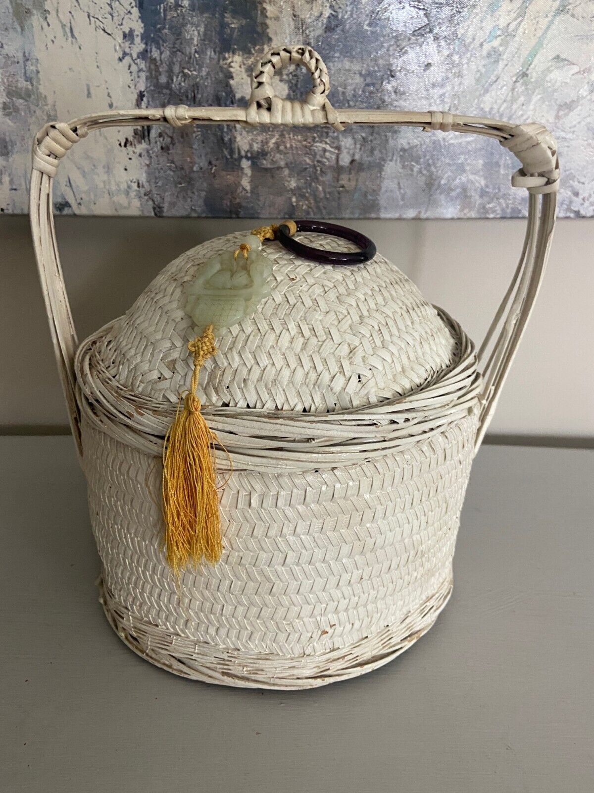Antique/Vintage Chinese Wedding Basket - White w/ Jade tassel