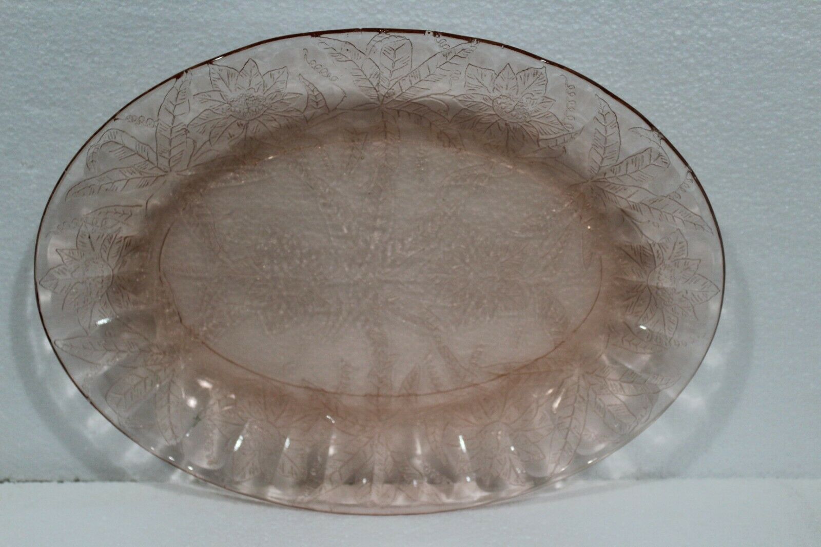 JEANETTE GLASS  PINK Floral Pointsetta Depression Oval Platter