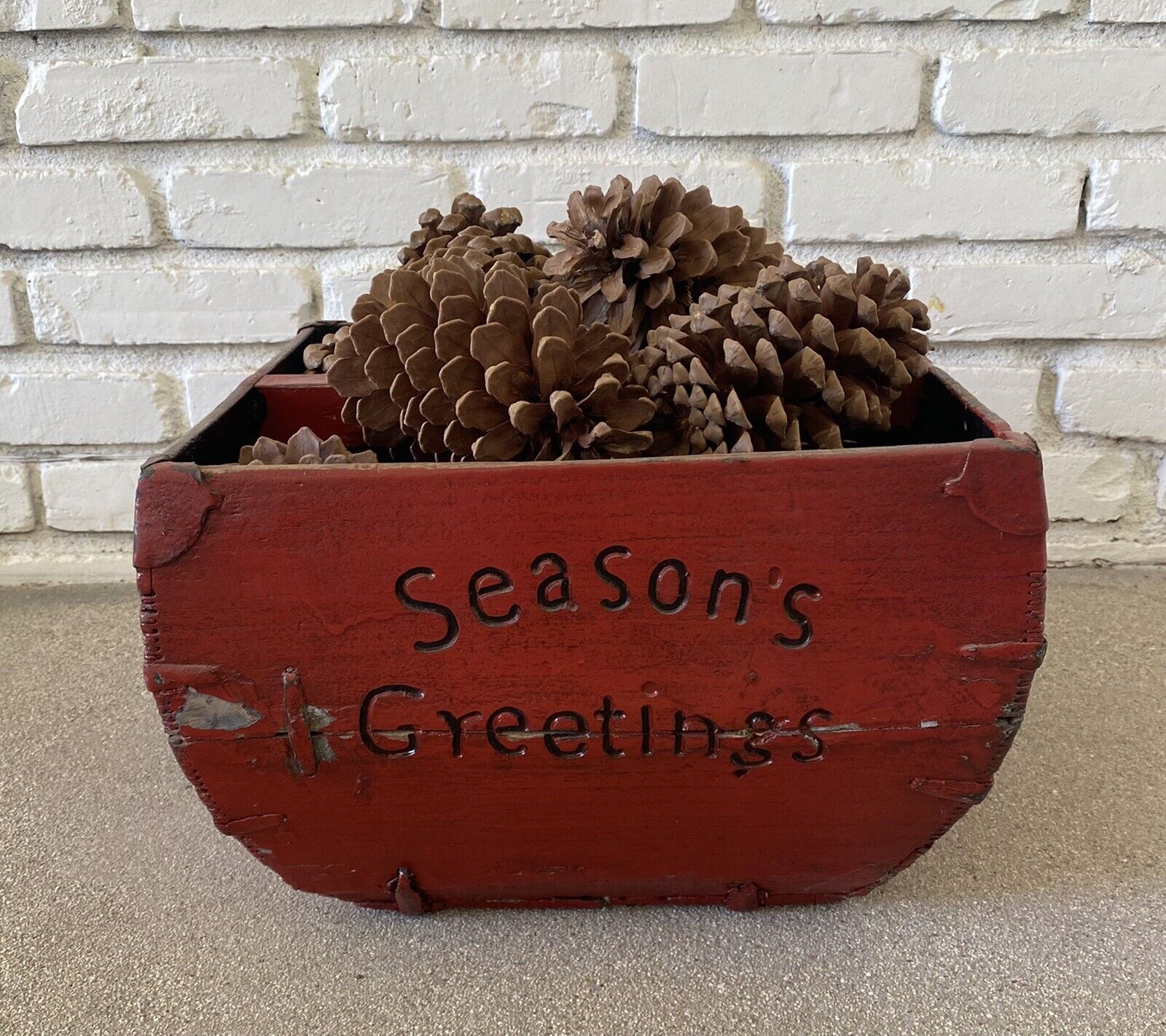 Antique Chinese Rice Grain Harvest Wood Bucket with Handle Season's Greetings