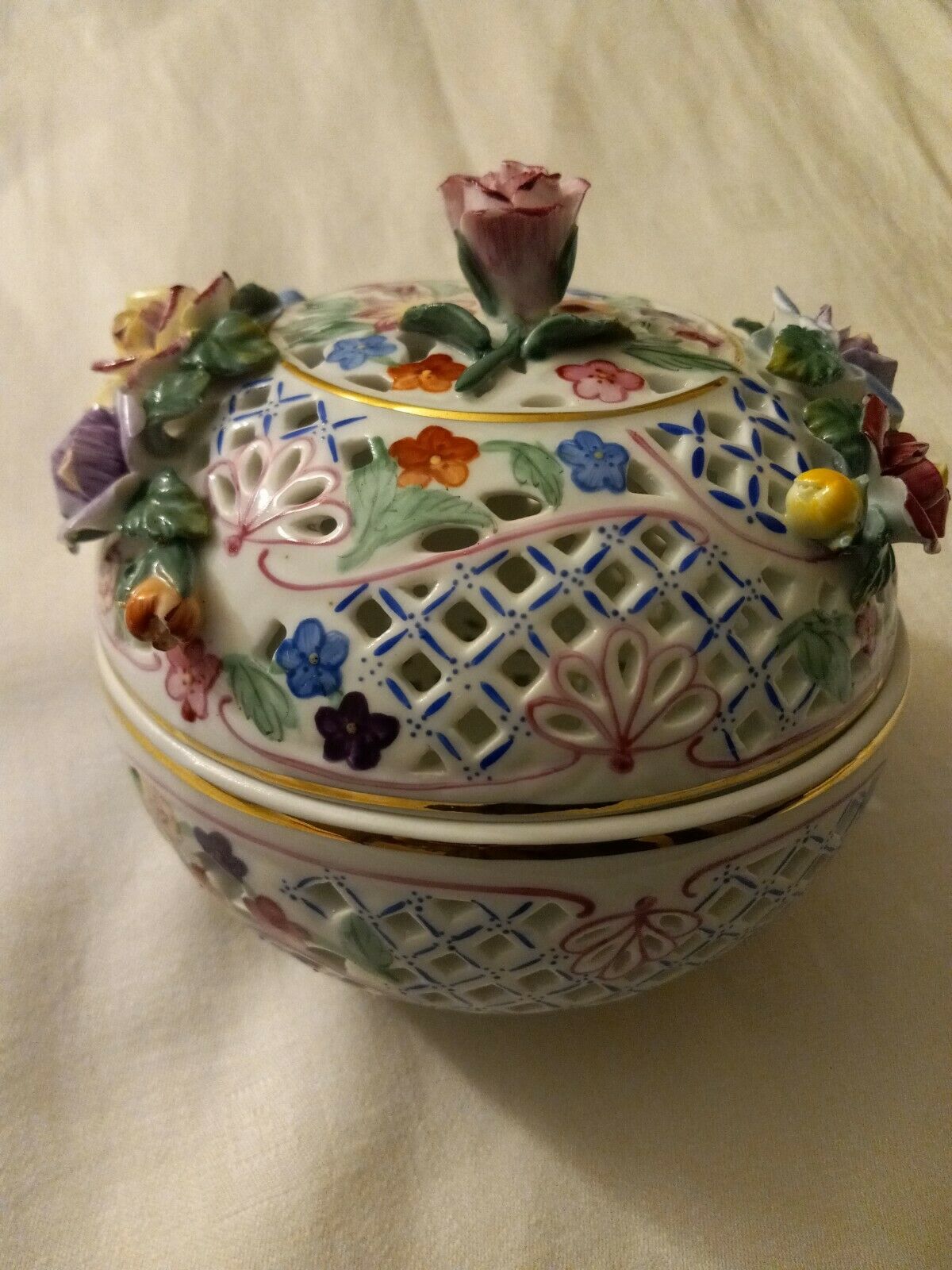Rare Beautiful Pierced Bowl & Cover Adorned With Handcrafted Flowers, China Made