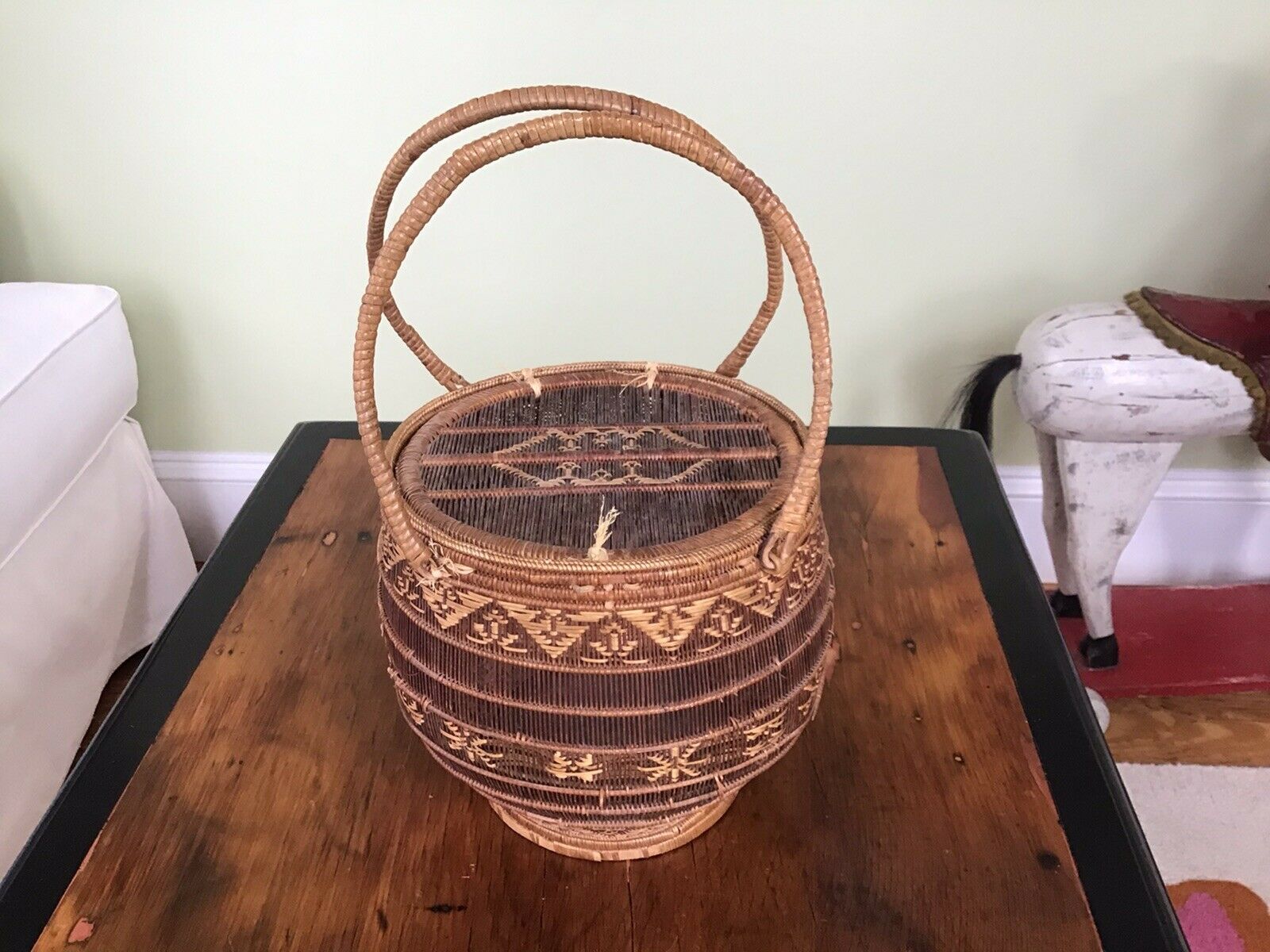 Antique Chinese Asian Woven Wedding Basket? W/ Hinged Lid & Handles