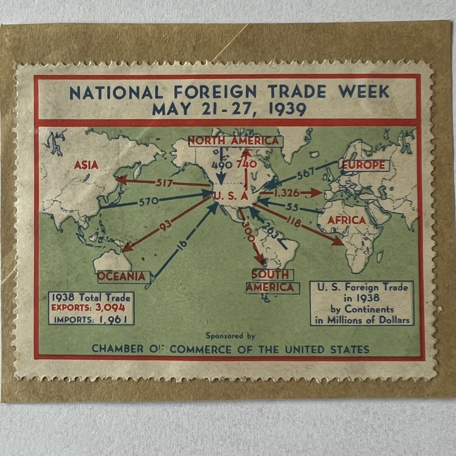 RARE 1939 NATIONAL FOREIGN TRADE WEEK CINDERELLA SEAL POSTER STAMP WORLD MAP