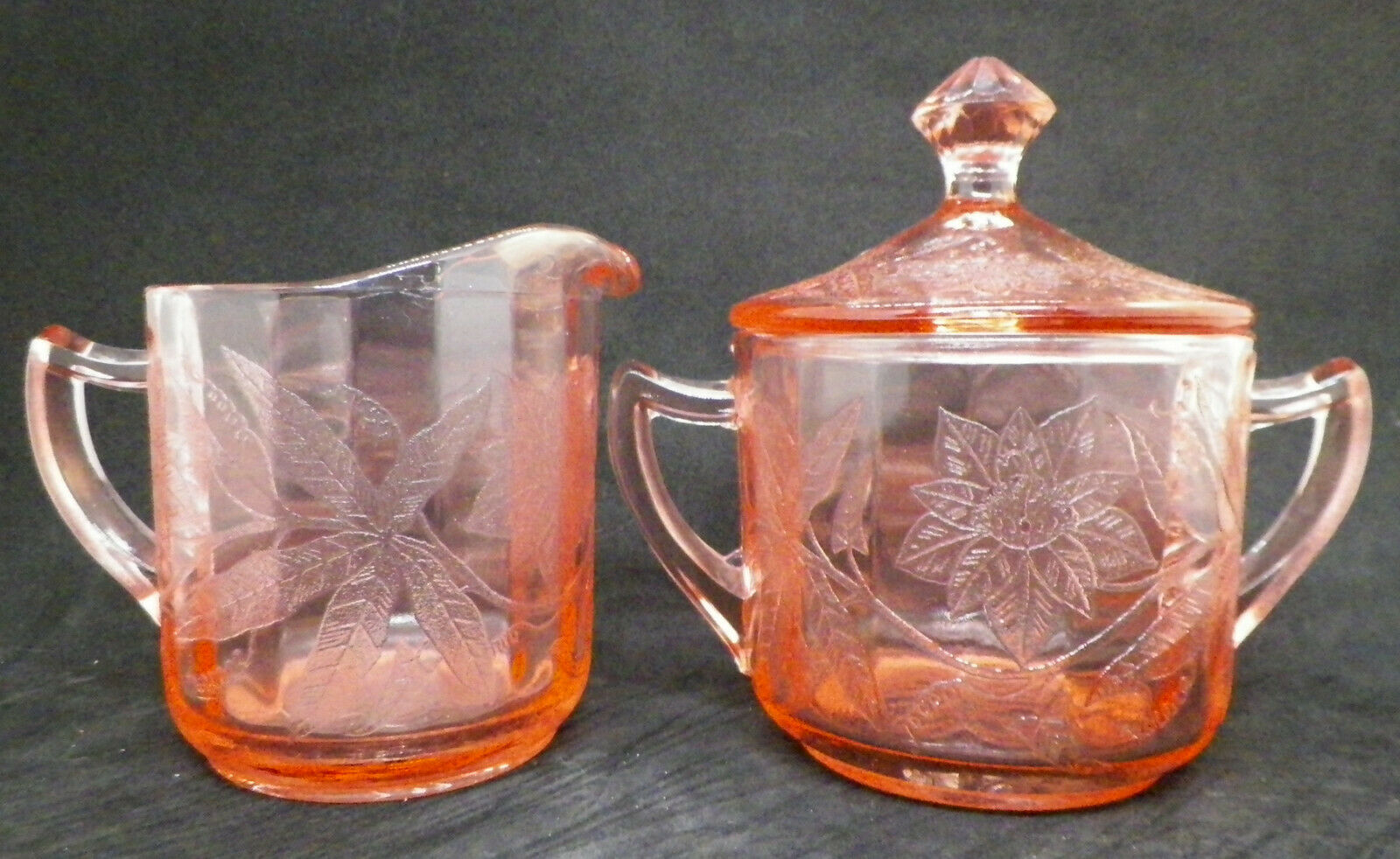 Jeannette Poinsettia Pink Depression Glass Creamer & Sugar Bowl w/Lid