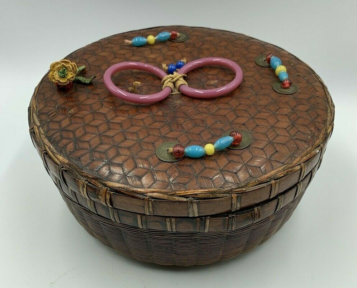 Antique Wicker Sewing Basket Chinese With Peking Glass Beads