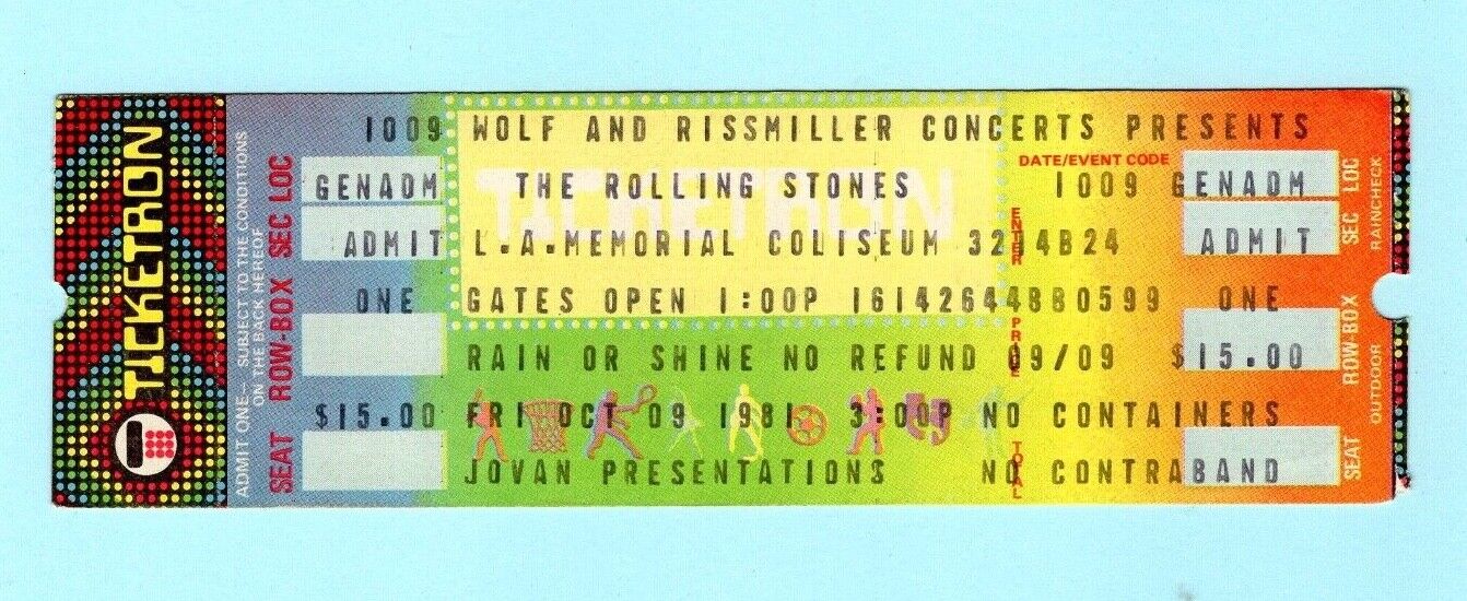 Rolling Stones & Prince 1981 Unused Full Concert Ticket Los Angeles, Tattoo You