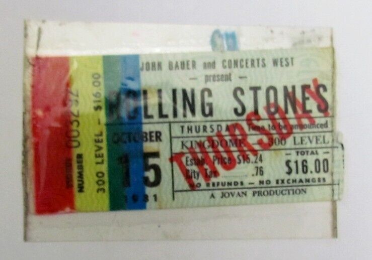 1981 Rolling Stones TICKET STUB KINGDOME - 300 LEVEL October 15, 1981 Tattoo You
